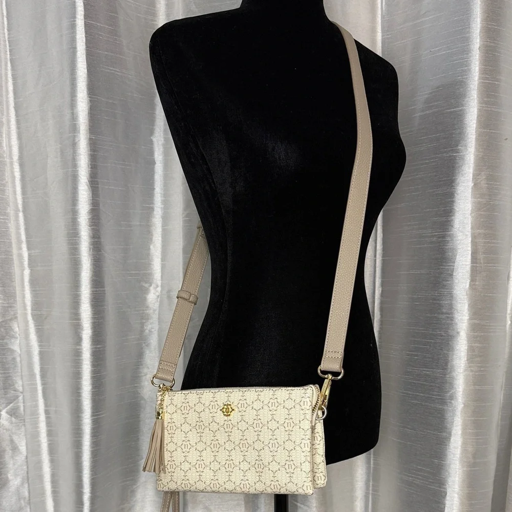 Nanette Lepore Triple Section Almond Pebble Faux Leather Monogram 2 Way Wear Bag